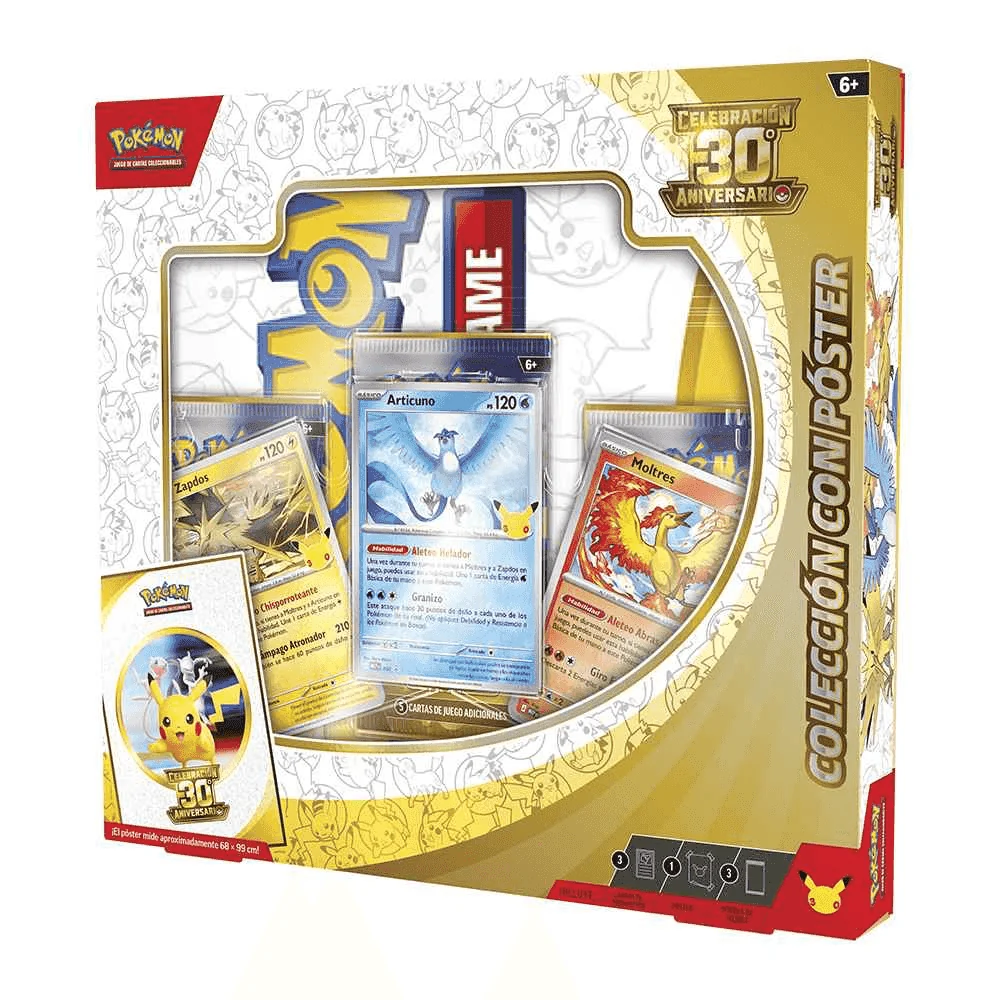 Pokémon 30 Aniversario Poster con 3 Sobres y 3 Cartas Español